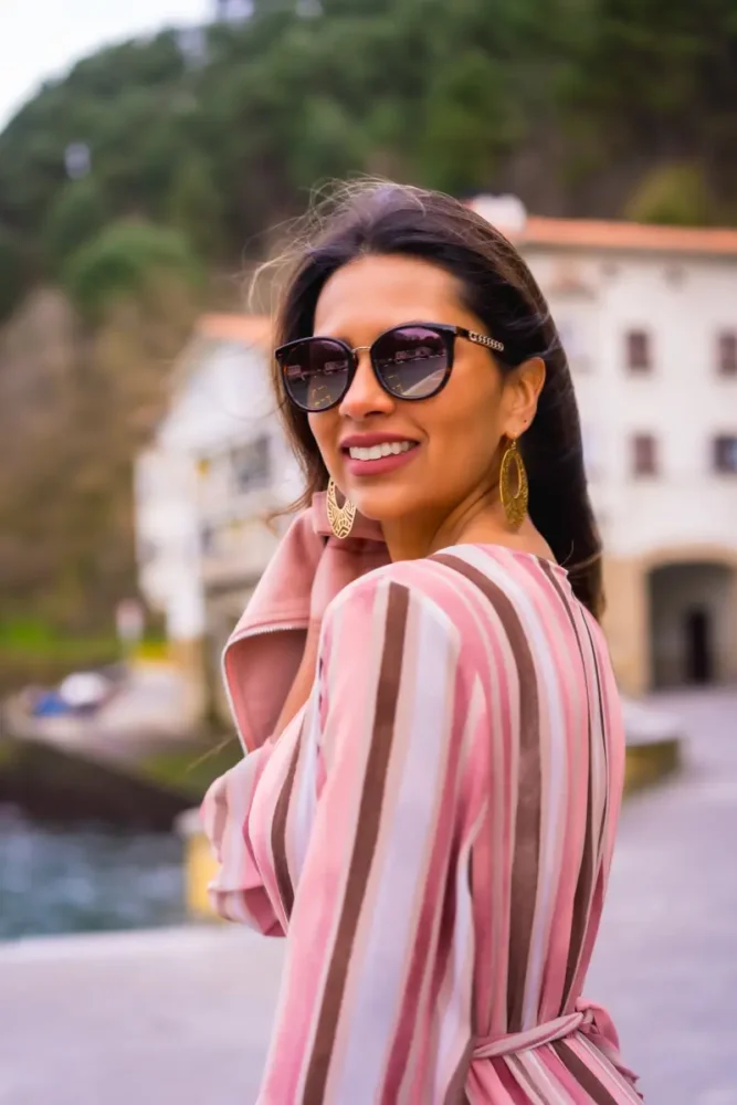 beautiful Portuguese woman in pink dress